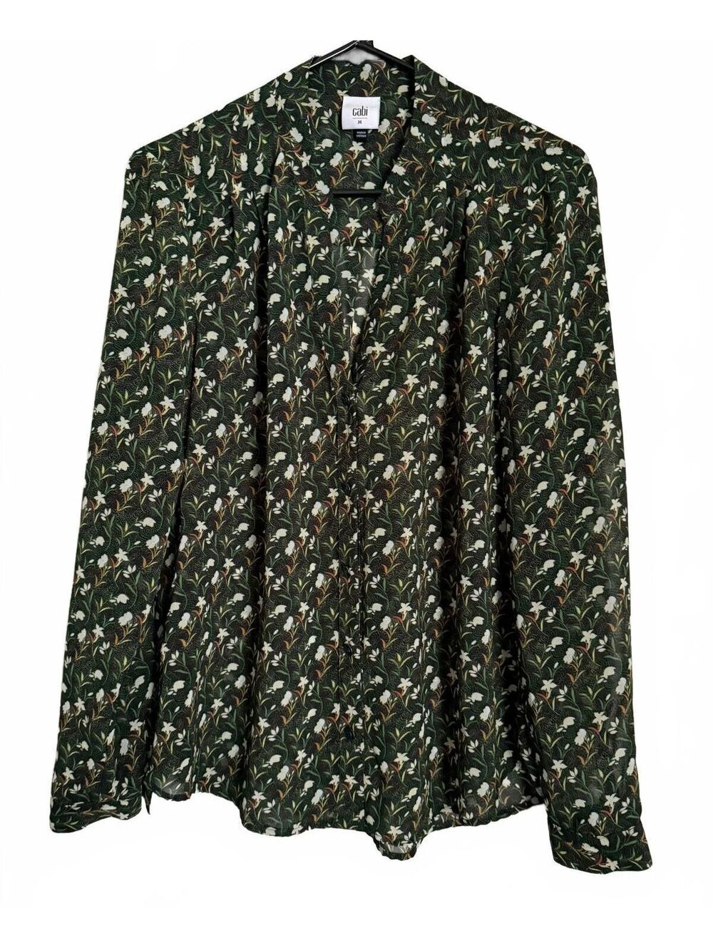 Cabi Button-Down Blouse Size Medium Green Floral Cottage Coquette Girl Sheer